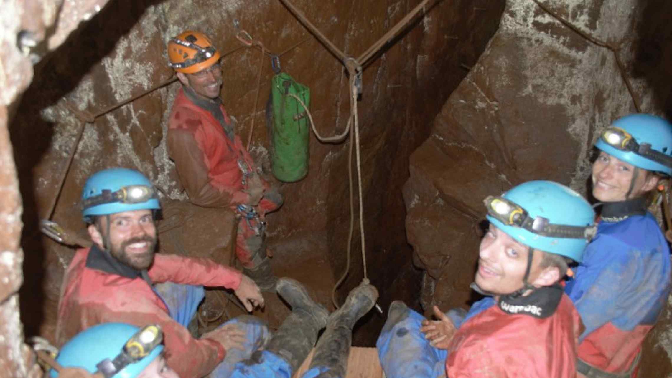 Mine explorers gathering for a break in a 'room' in a Cornish tin mine.